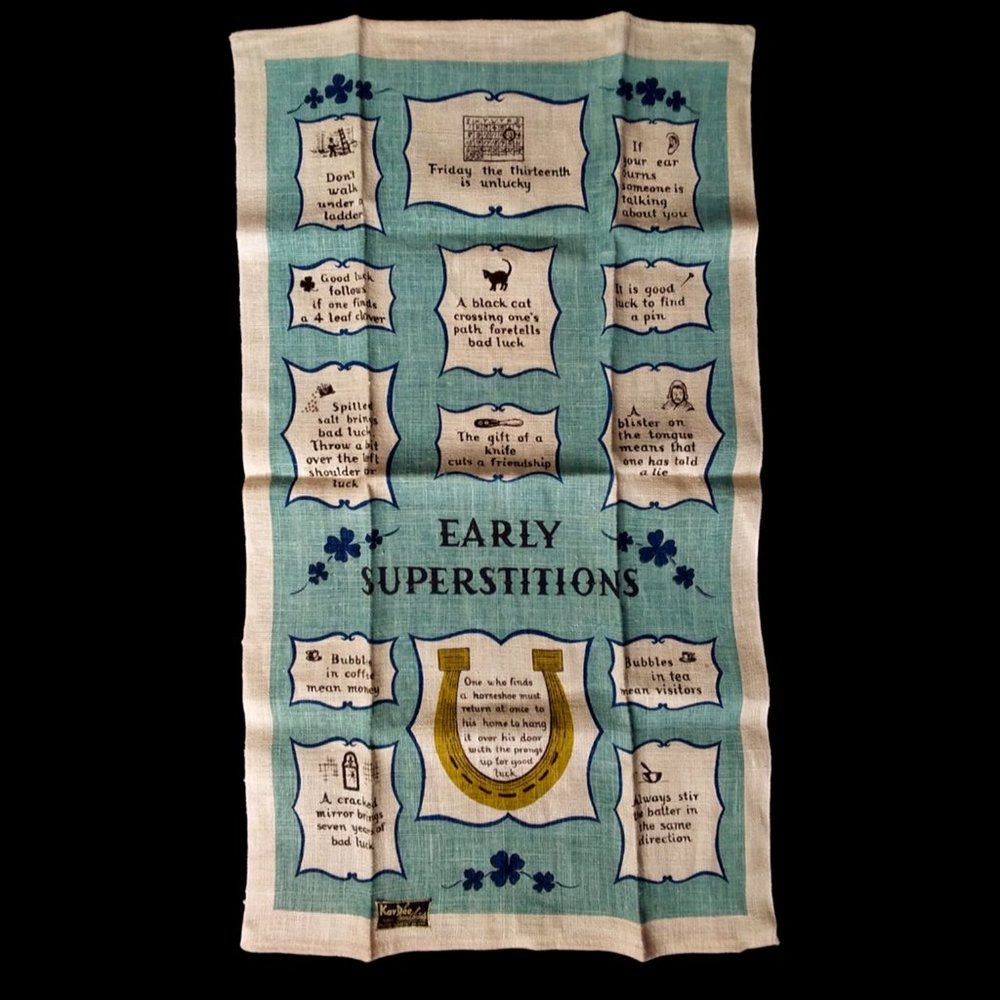 Vintage Kay Dee Handprints Linen Tea Towel 'Early Superstition' Friday the 13th